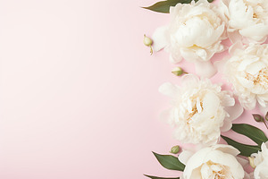 Flat lay of white peony flowers with copyspace on pink background, a Nature Photo by AlyaAnd