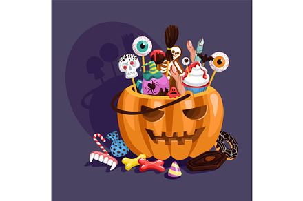 Halloween pumpkin with candies, a Food Illustration by Vectorbuum