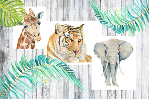 Watercolor animals, leafs, birds