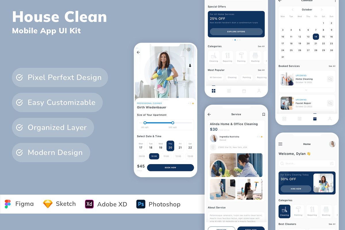 House Clean Mobile App UI Kit, an UI Kit Template by Betush