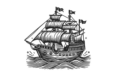 Vintage Pirate Ship engraving sketch, a Transportation Illustration by AlexArt