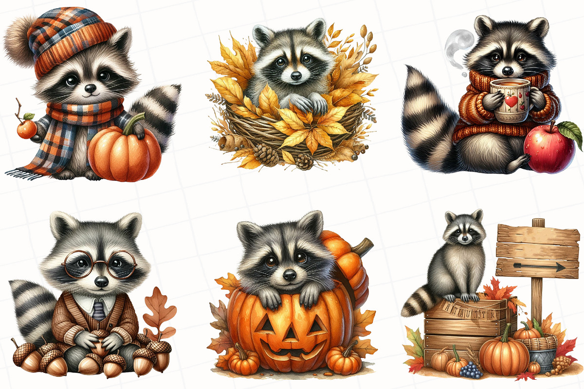 Watercolor Autumn Raccoon Clipart, an Illustration by OK Design (Photo 3 of 5)