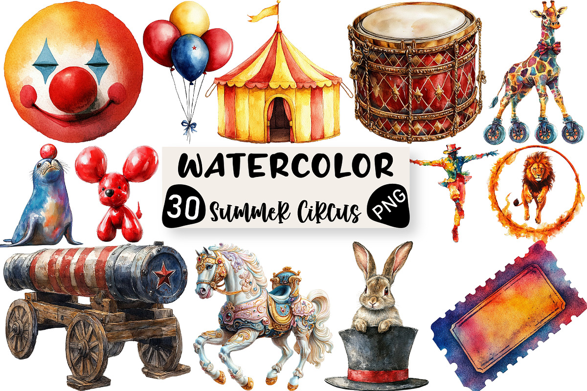 Watercolor Summer Circus Clipart, an Illustration by Black Bird Studio (Photo 1 of 6)