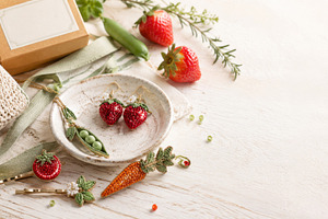 Strawberries and peas with crafted d, a Photo by Dvoevnore photos