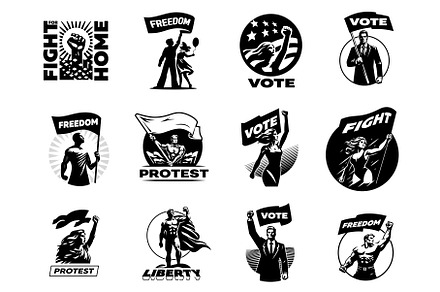 A set of protest emblems. People