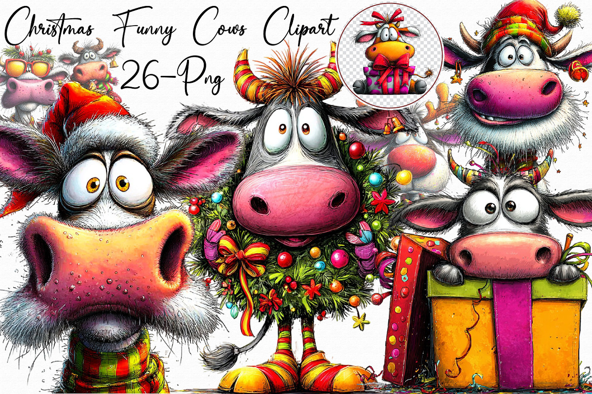 Christmas Funny Cows Clipart, an Illustration by Libby Wishes (Photo 1 of 7)