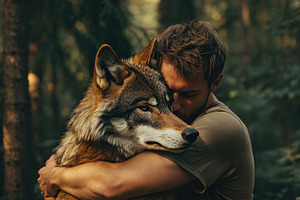 Two friends man and a wolf hugging each other in the forest, an Animal Photo by AlyaAnd