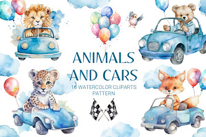 Watercolor Animals And Cars Cliparts