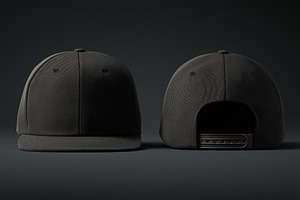 A black snapback cap mockup from the front and back on a dark background, a Mask Mockup by Textures & Backgrounds