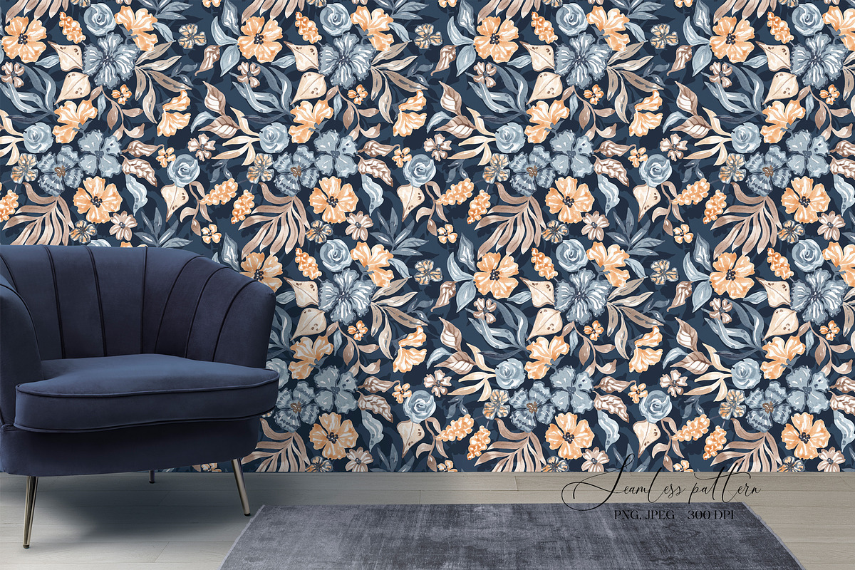 Navy Watercolor Floral Pattern, a Pattern Graphic by SirenaArt (Photo 11 of 12)