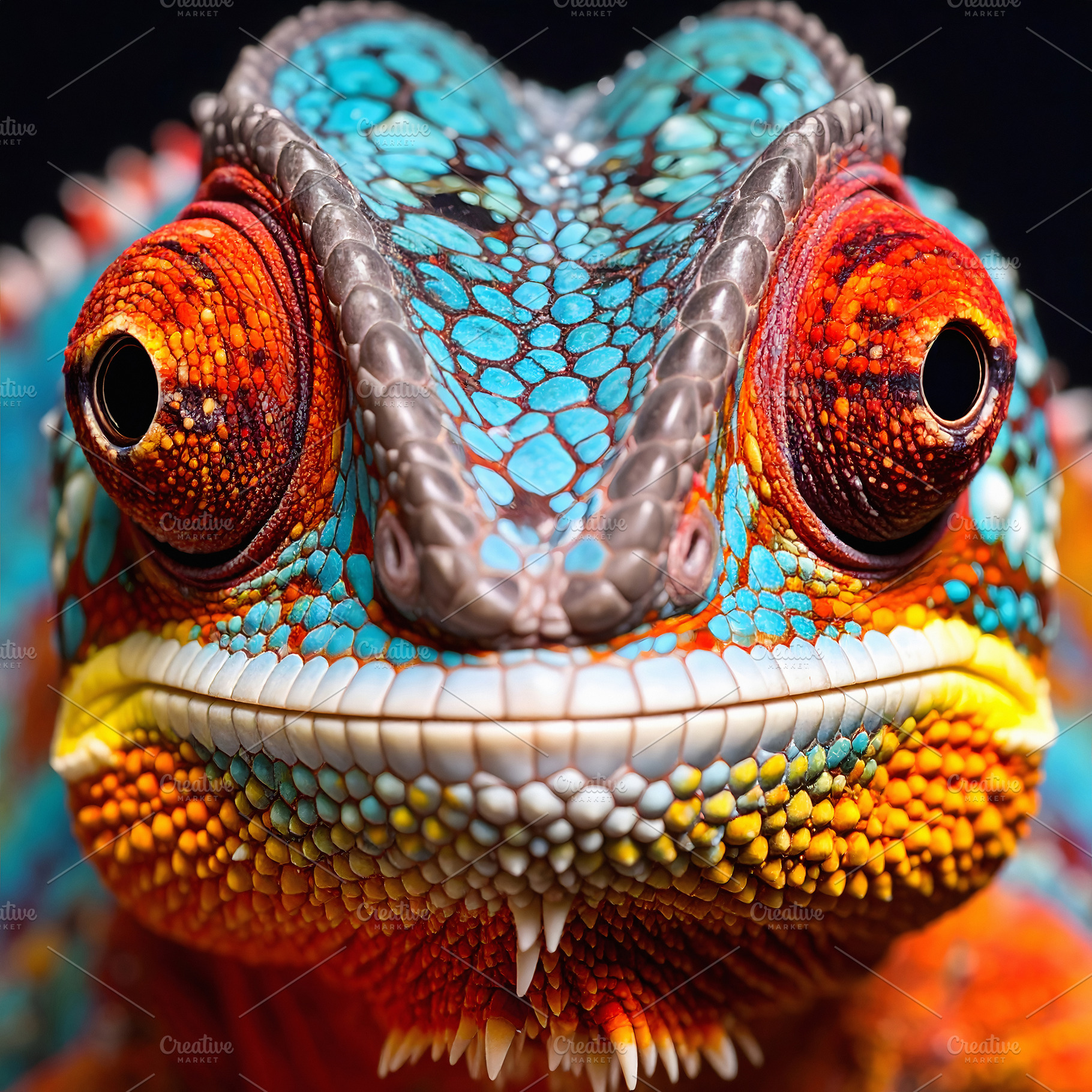 Colorful chameleon closeup with red eyes and blue scales, an Animal Photo by GoodGoods