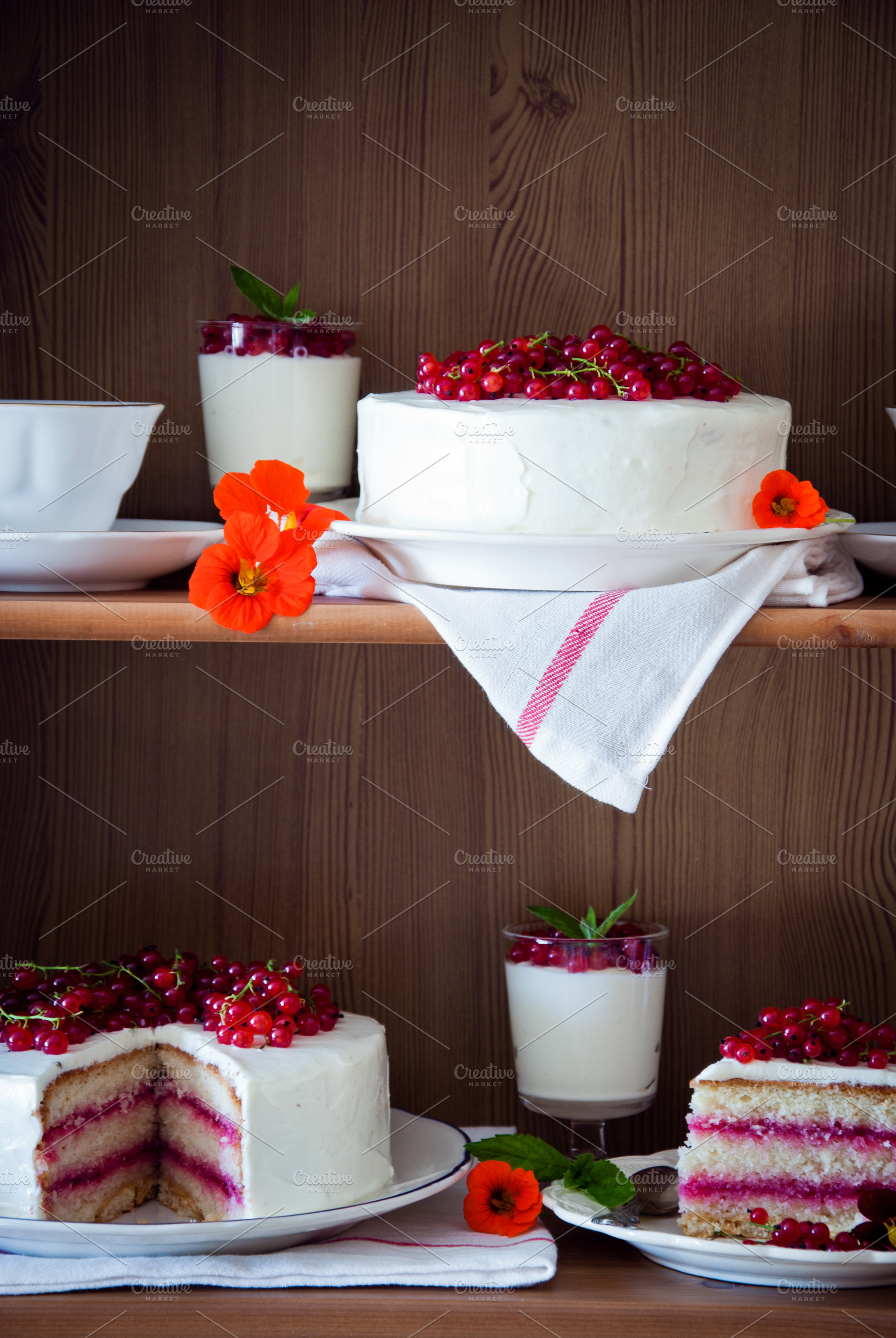 Cakes on shelves containing afternoon tea, bakery, and berry, a Food & Drink Photo by letterberry