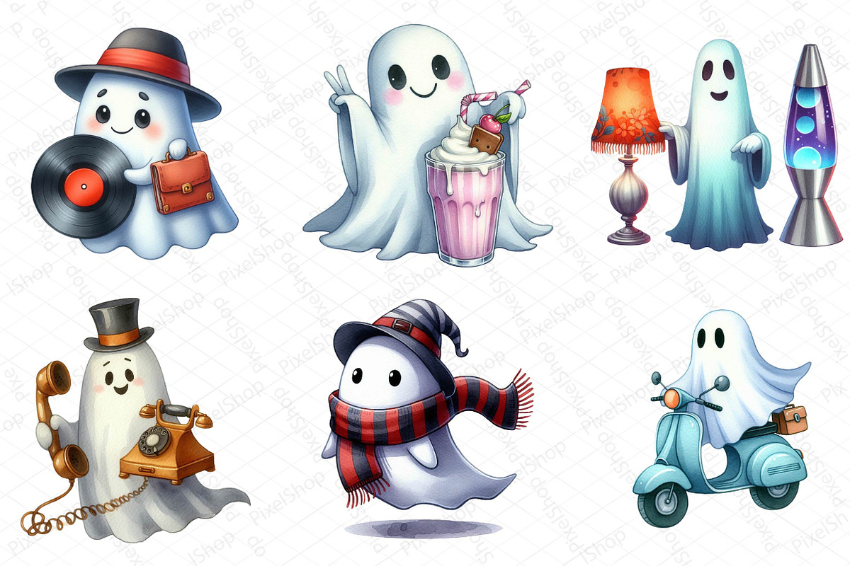 Funny Retro Halloween Ghost Clipart, an Illustration by DreamPrint404 (Photo 3 of 6)