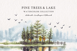 Watercolor Pine Trees & Lake