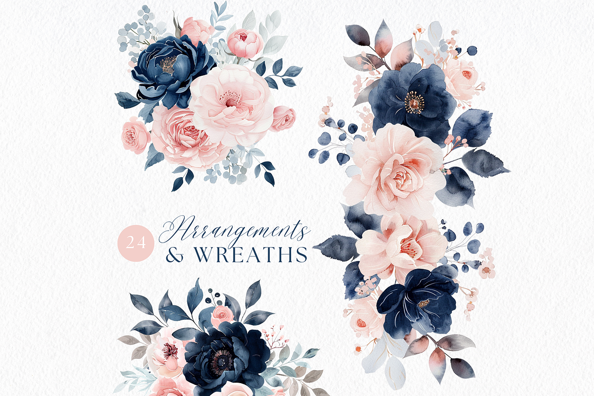 Navy and Blush Floral Clipart, a Decorative Illustration by ClipArtCharm (Photo 2 of 4)