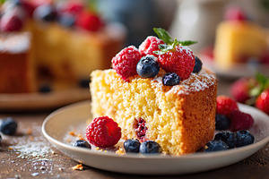 Delicious sponge cake slices topped with fresh berries and powdered sugar, a Food & Drink Photo by AlyaAnd