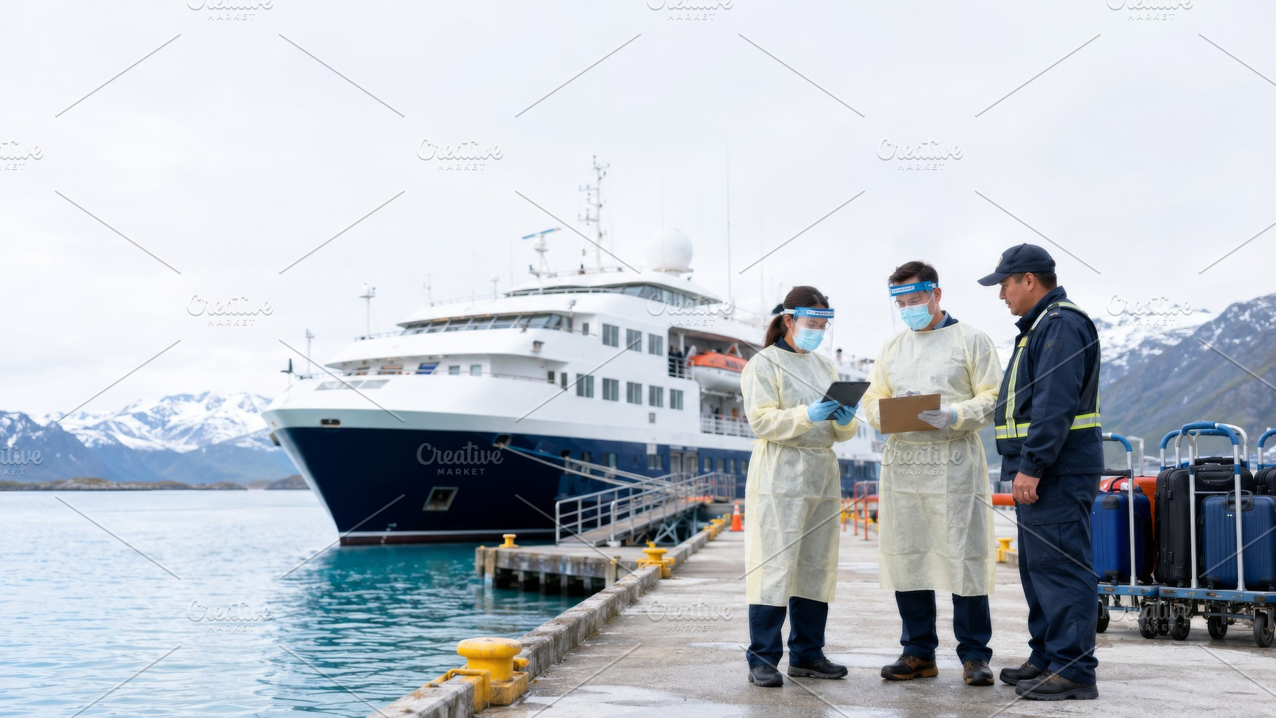 Healthcare workers on pier discussing procedures near cruise shi, a Photo by Dvoevnore photos