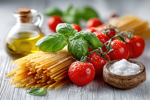 Fresh ingredients for Italian pasta dish, a Food & Drink Photo by AlyaAnd