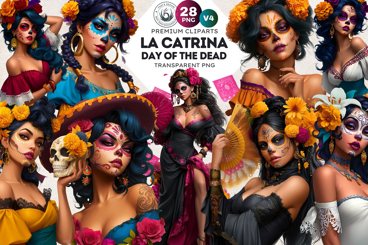 La Catrina Day of the dead Clipart 4, a Seasonal Illustration by ThatsDesignArt (Photo 1 of 10)