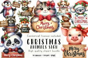 Animals Holding Merry Christmas Sign, an Illustration by CreationArt