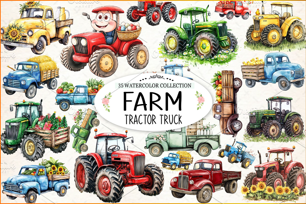 Farm Tractor Truck Watercolor, an Illustration by Watercolor design (Photo 1 of 4)