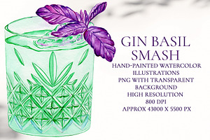 Gin Basil Smash Watercolor Cocktail
