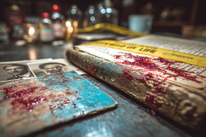 Crime scene evidence book with blood stains, vintage photographs and police tap, a Photo by AS photostudio