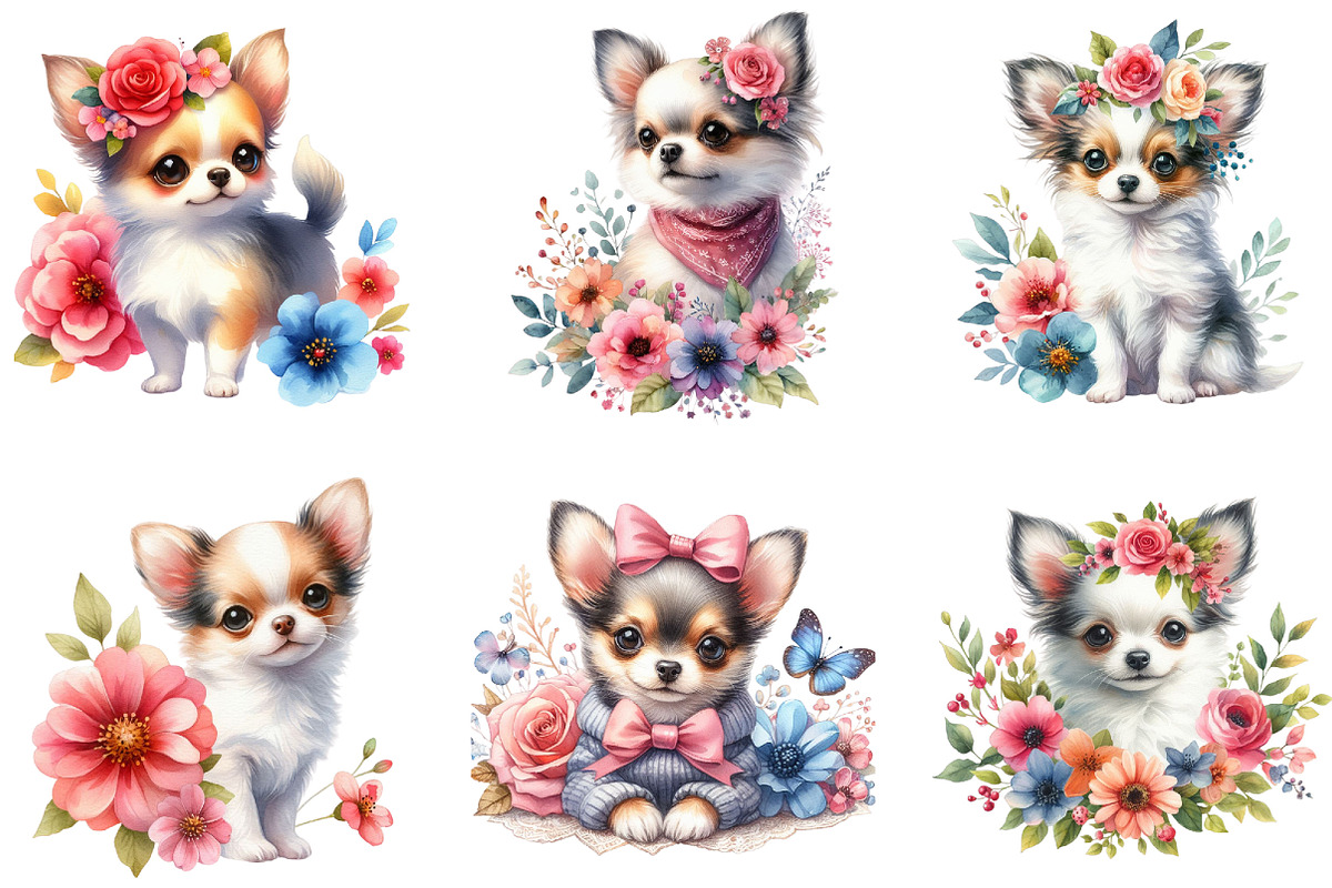 Watercolor Floral Chihuahua Clipart, an Illustration by DreamCafeArt (Photo 3 of 6)
