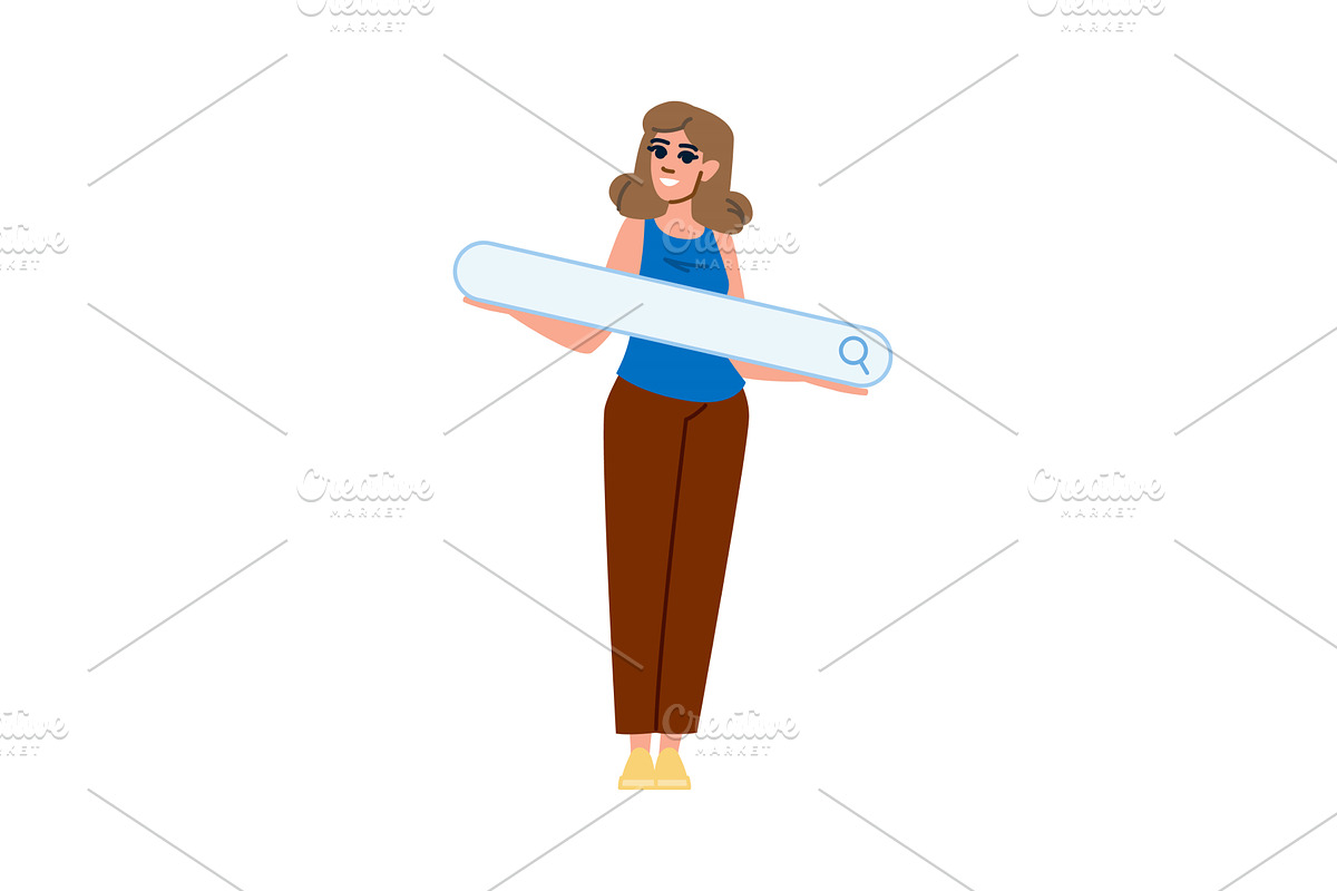 Woman holding giant search bar, a Technology Illustration by pikepicture