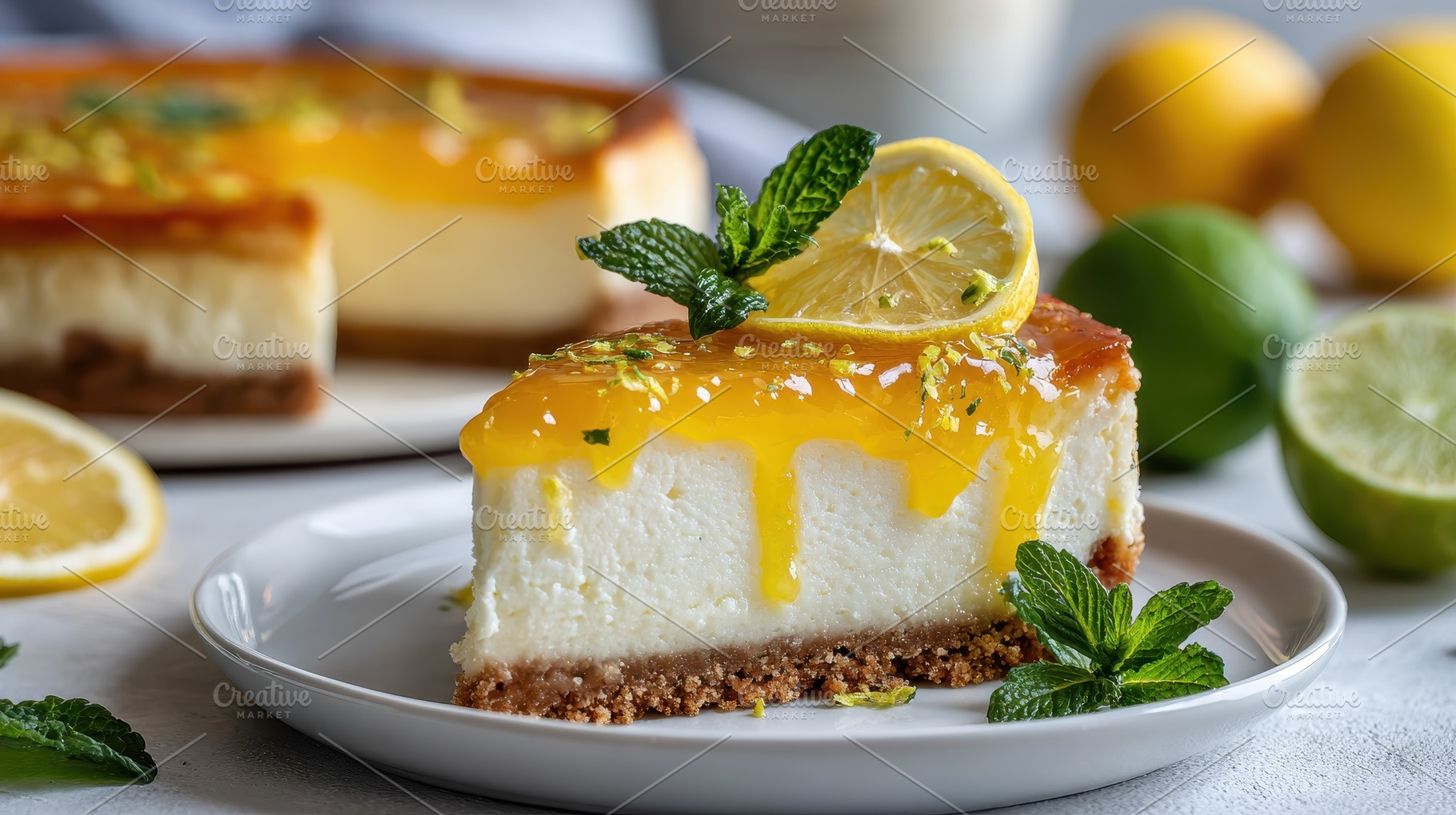 Lemon Cheesecake Slice with Mint Gar, a Photo by Pixeness Studio