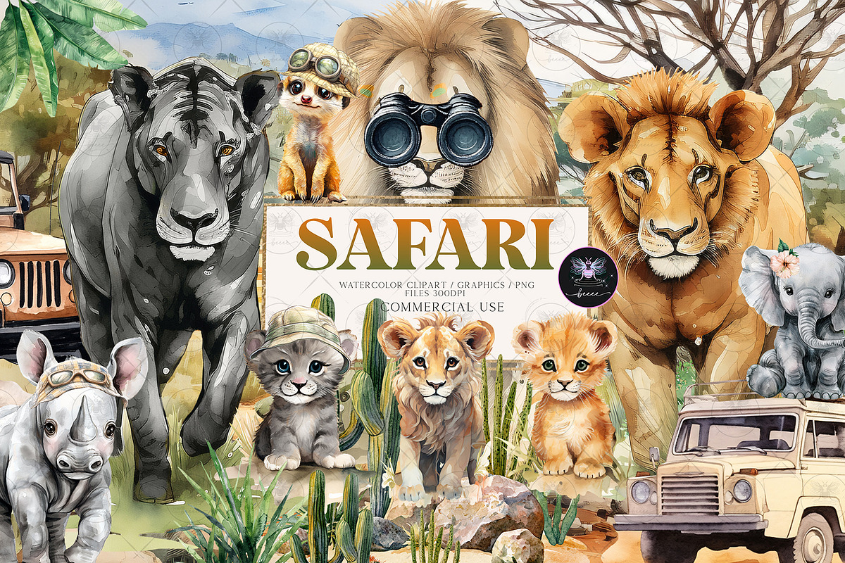 Safari  Animals Watercolor Clipart, an Illustration by BigCakeBee (Photo 1 of 4)
