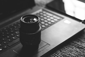 Camera Lens on Laptop in B/W