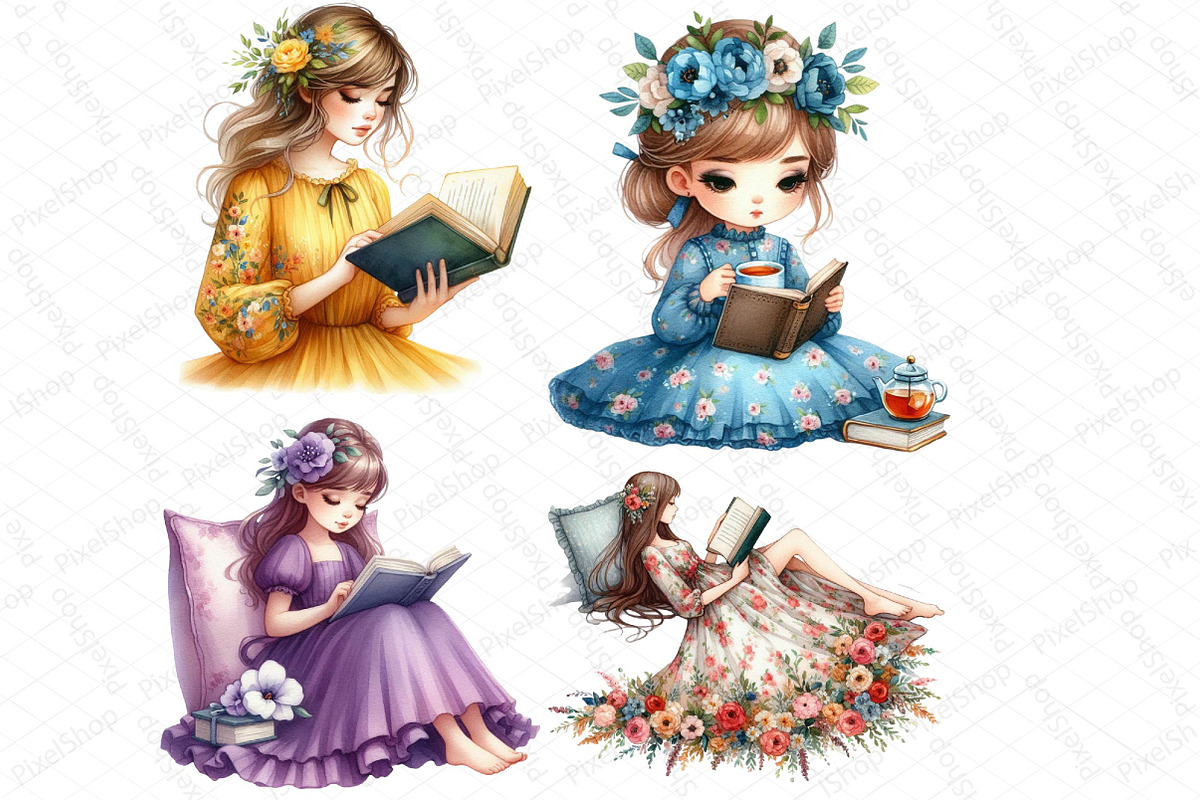 Girl in Floral Dress Read Book Clipa, an Illustration by DreamPrint404 (Photo 4 of 4)