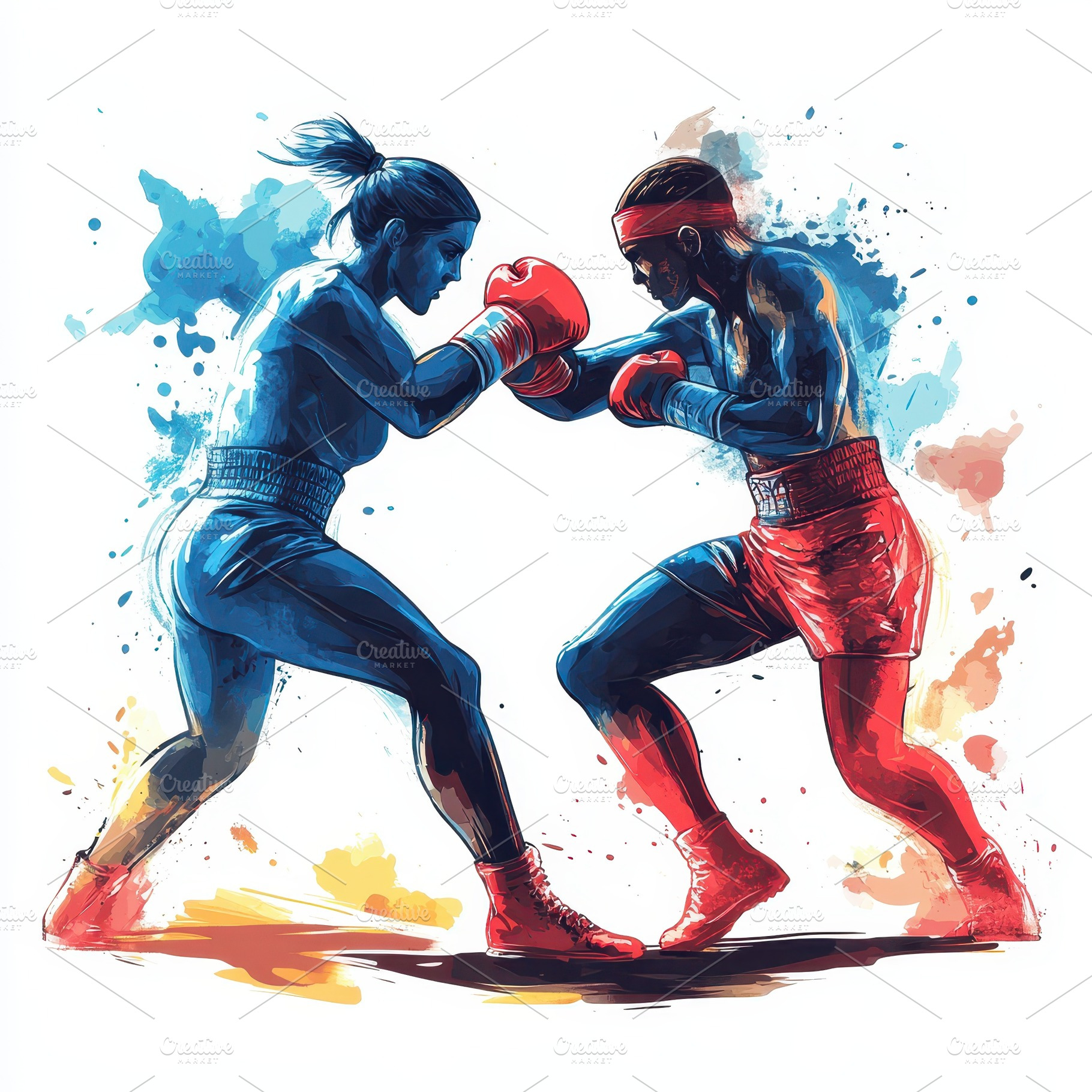 Female and male boxers facing off in, a Sports & Recreation Photo by Pixeness Studio