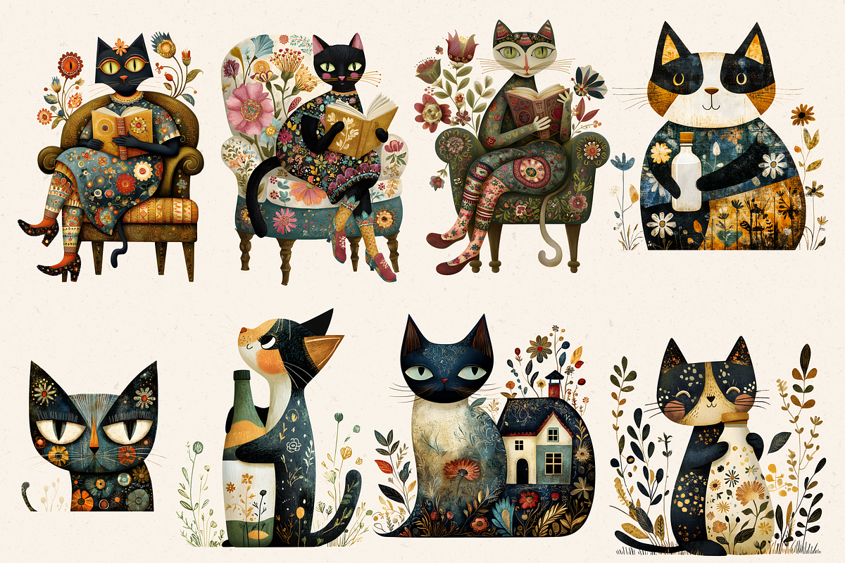 FOLK ART CAT CLIPART PACK, an Animal Illustration by Daring Digies (Photo 4 of 8)