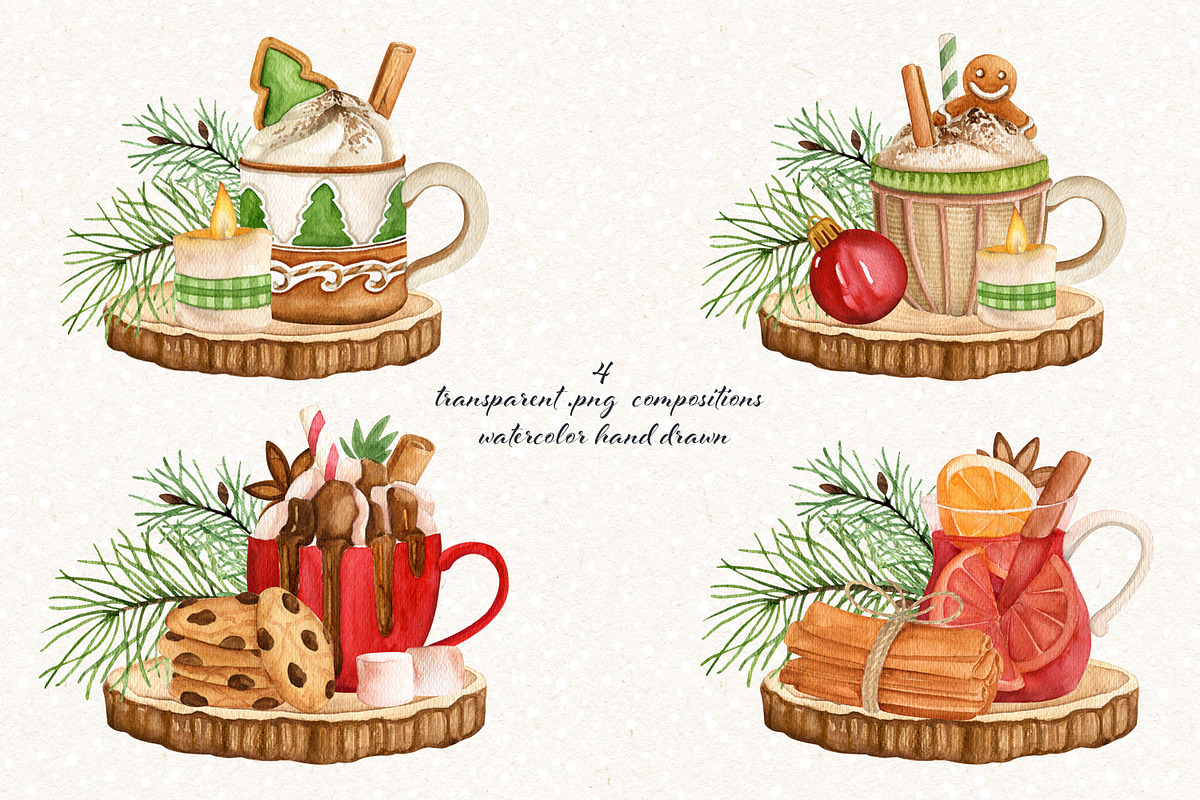 Christmas drinks. Watercolor set, a Food Illustration by JuliaBadeeva (Photo 2 of 8)
