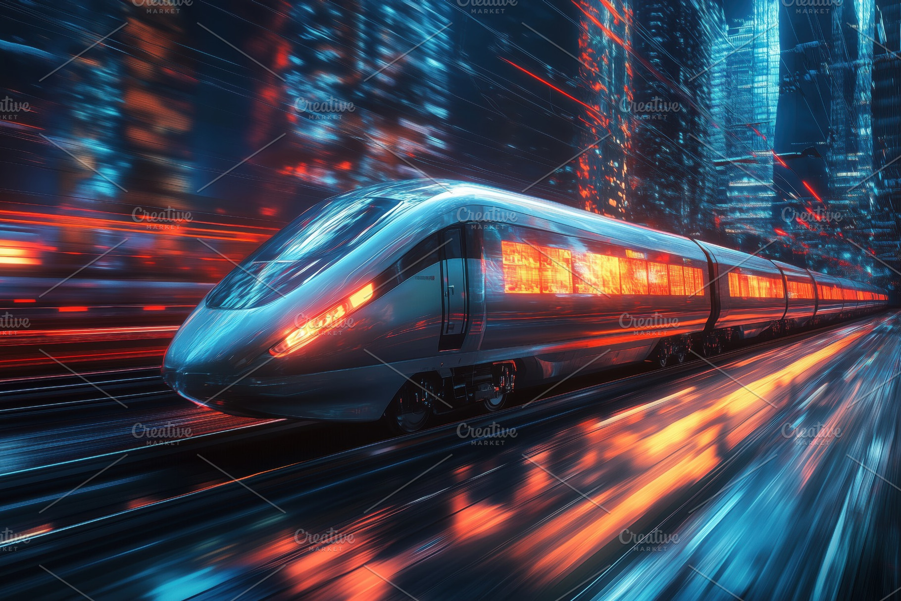 A futuristic high-speed train travels through a neon-lit cityscape at night, re, a Transportation Photo by Textures & Backgrounds