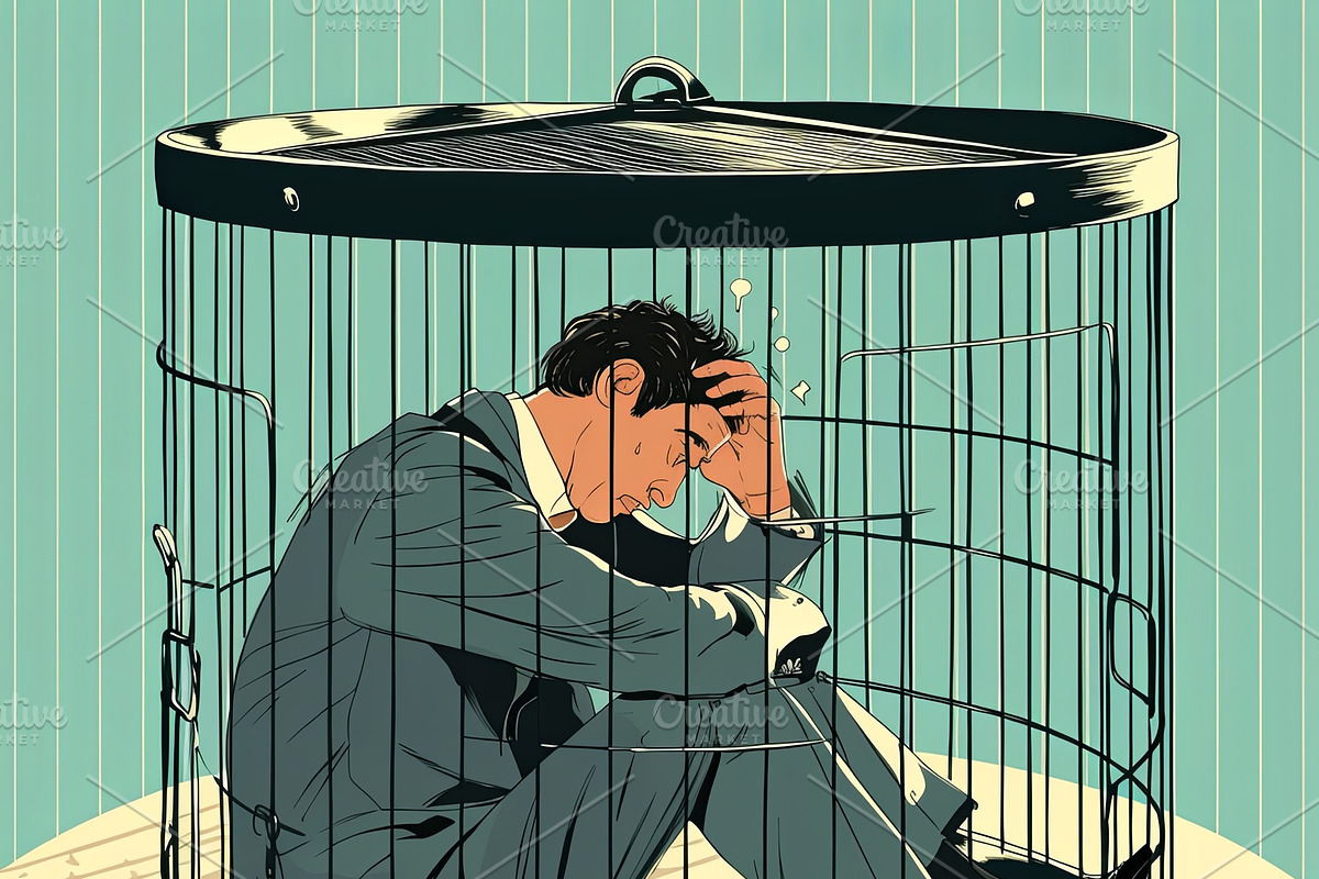 Man in suit sitting inside a cage representing business stress and challenges, an Illustration by AS photostudio