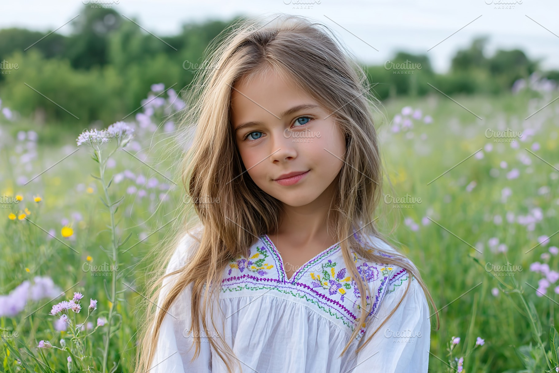 Girl enjoying a sunny day in a field of flowers wearing a colorful blouse, a Person Photo by AlyaAnd