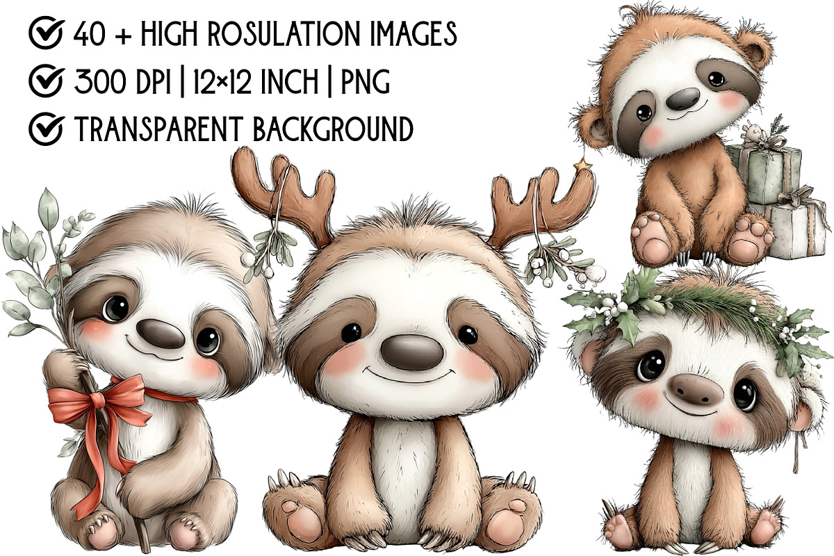 Whimsical Christmas Sloth Clipart, an Illustration by Pixels.Craft (Photo 4 of 6)