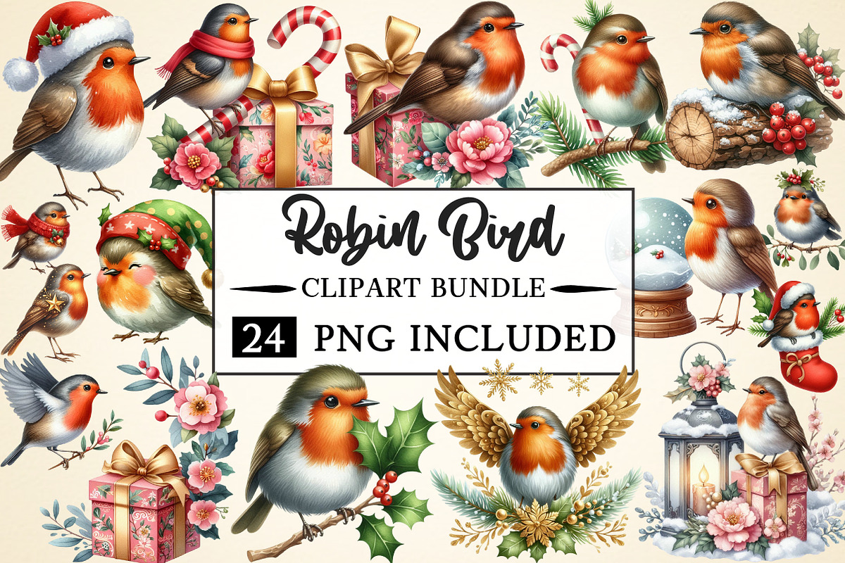 Christmas Robin Bird Clipart, a Seasonal Illustration by Daily.Designs