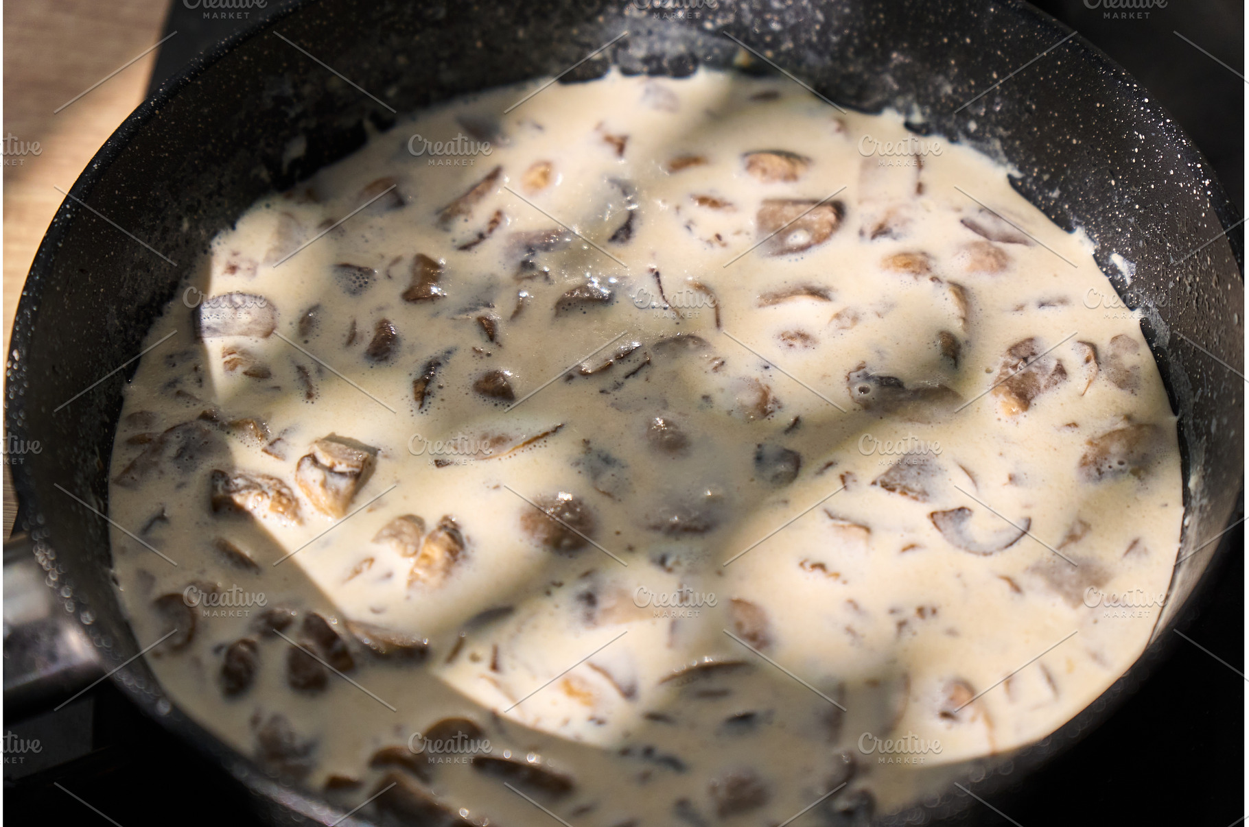 A skillet filled with creamy, a Food & Drink Photo by darksoul72