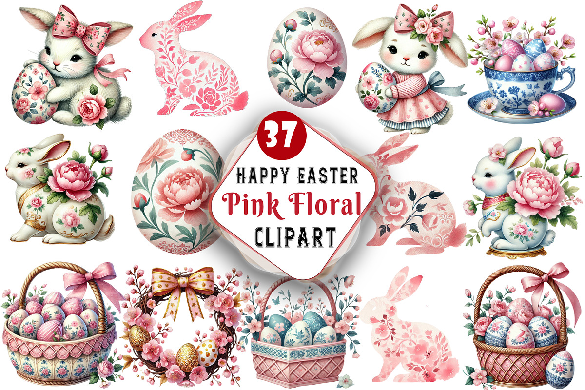 Easter PNG Pink Floral Chinoiserie, an Illustration by Watercolor design (Photo 1 of 4)