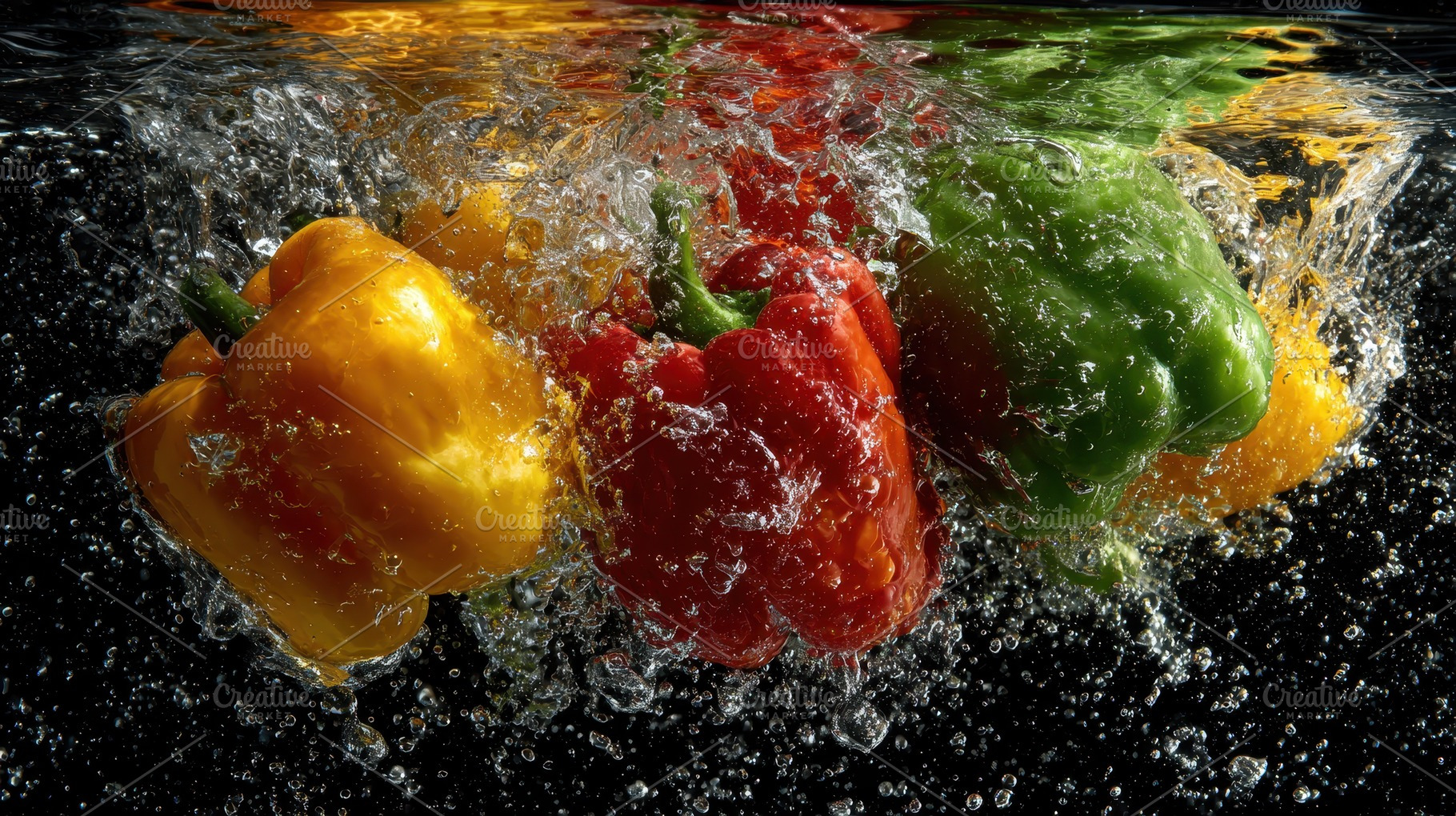 Colorful bell peppers splash, a Photo by Pavel_design