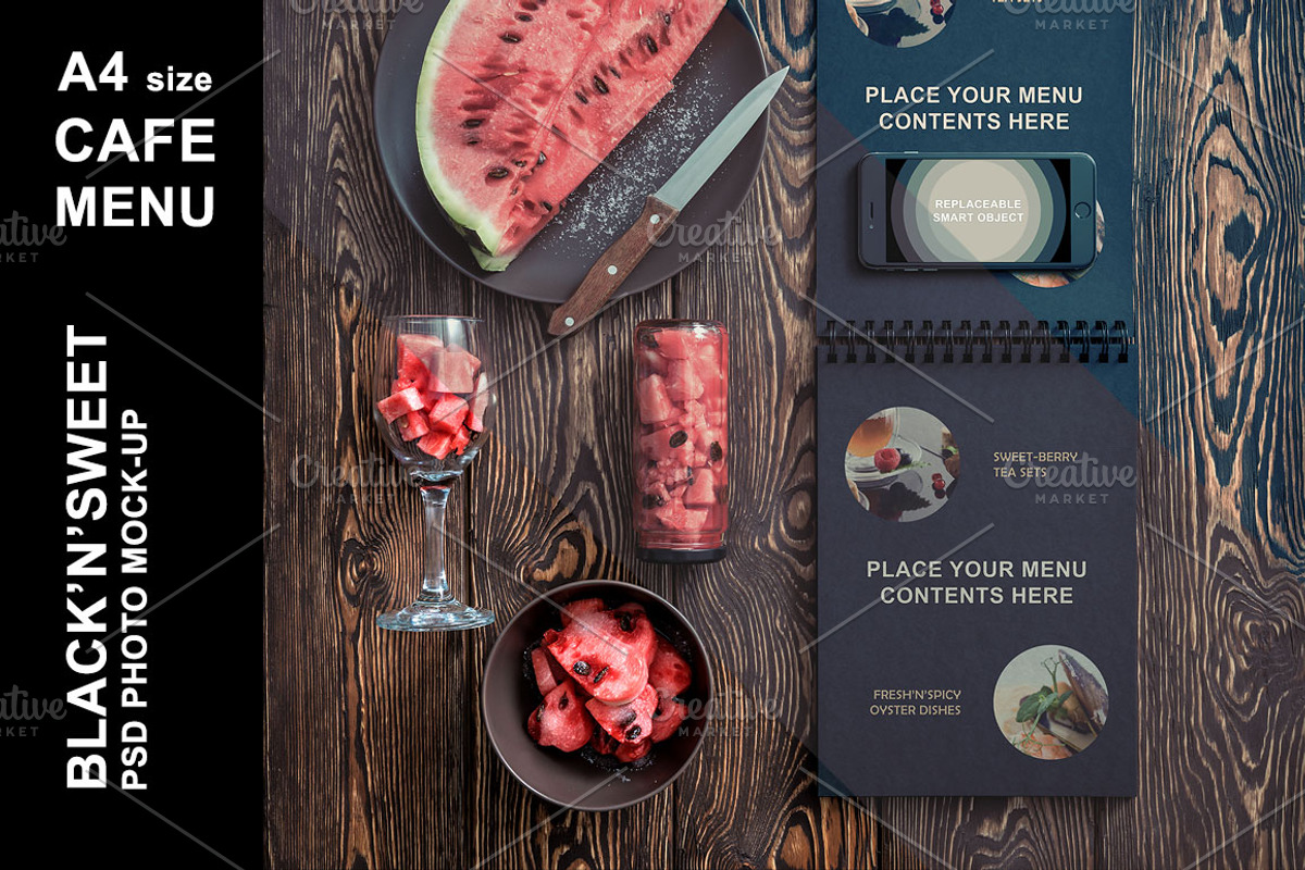 Black Cafe Menu Mockup (vertical), an iPhone Mockup by mockupgeek (Photo 2 of 4)