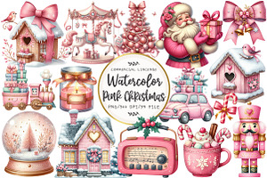 Watercolor Pink Christmas Clipart, an Illustration by OK Design