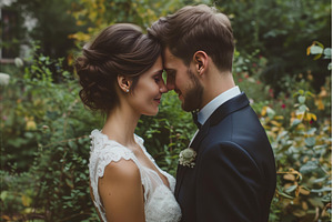 Romantic wedding couple embracing in, a Nature Photo by Ylivdesign
