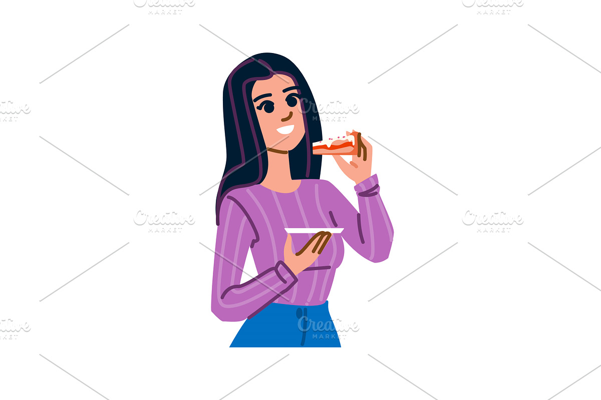 Happy woman eating cake slice and, an Illustration by pikepicture