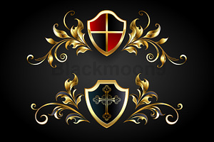 Golden symmetrical frame with shield, a Decorative Illustration by blackmoon9