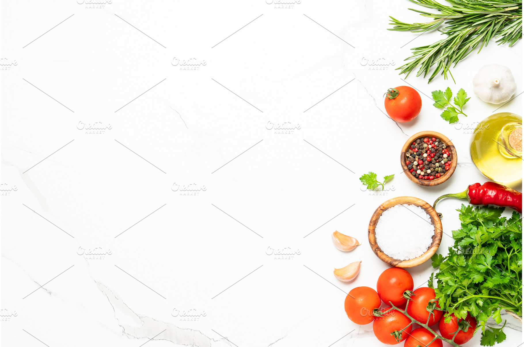Kitchen table with herbs, spices and, a Food & Drink Photo by Nadia-nb